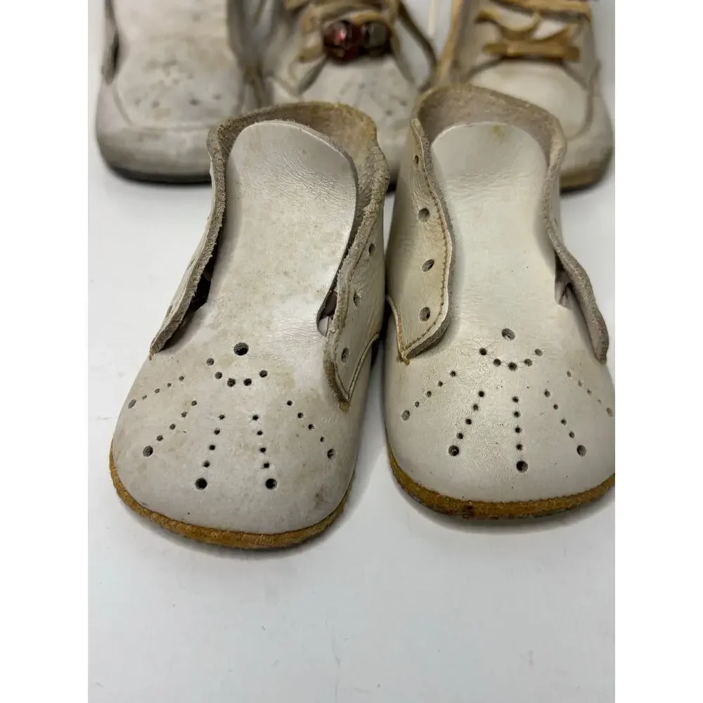 Vintage White Leather Baby Shoes Lot 1940s–1960s Keepsake Lace Up Doll Shoes